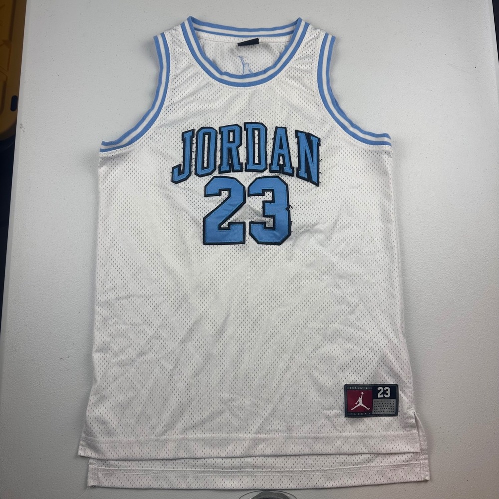 Jordan Basketball Jersey Boys Large White Blue 23 North Carolina Mesh Tank Top
